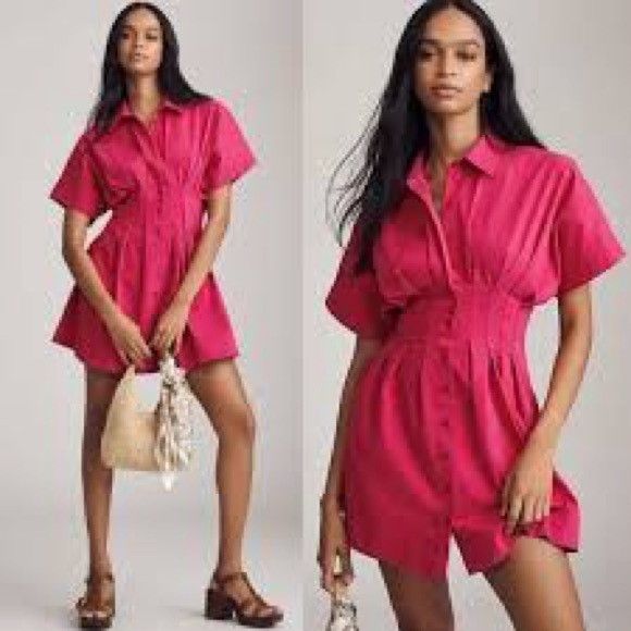 Anthropologie Dresses & Skirts - ANTHROPOLOGIE Exquise Tobie Button Front Pleated Shirt Dress Mini Pink Party M